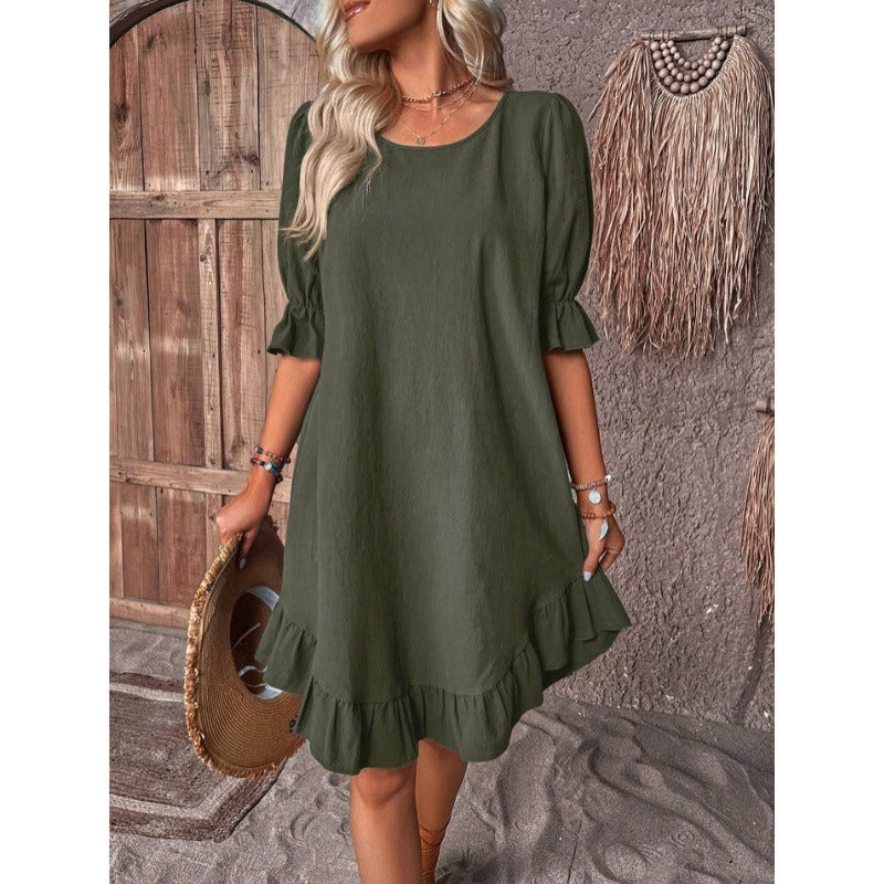 Damen A-Linienkleid – Baumwoll-Leinen – Rüschenbesatz – Mid Sleeve – Lockerer Schnitt