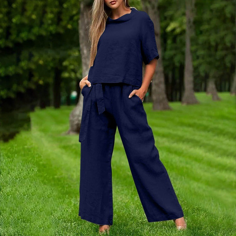Damen Zweiteiler Set – Lockerer Schnitt – Kurzarm Oberteil – Weite Hose – Baumwollgefühl