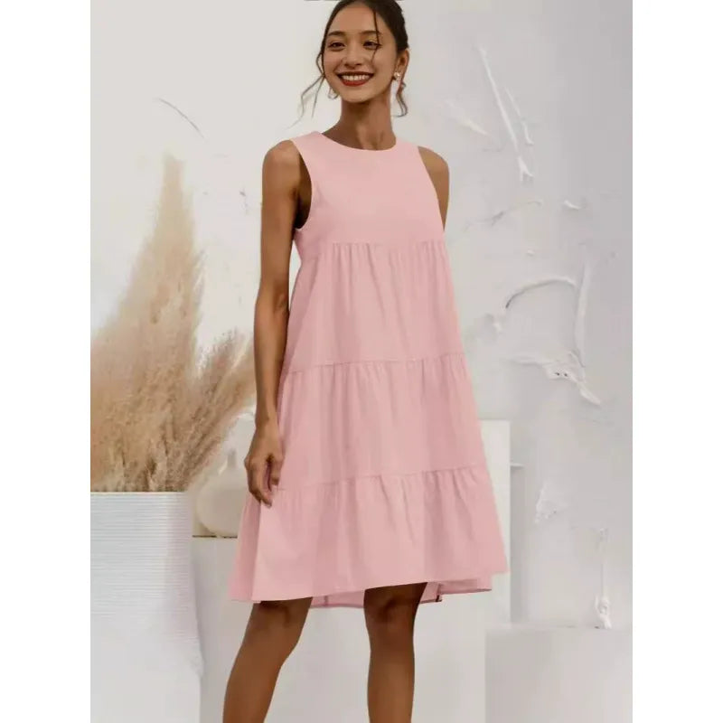 Damen Midikleid – Ärmellos – Lockerer Schnitt – Stufenrock – Baumwoll-Leinen Mix