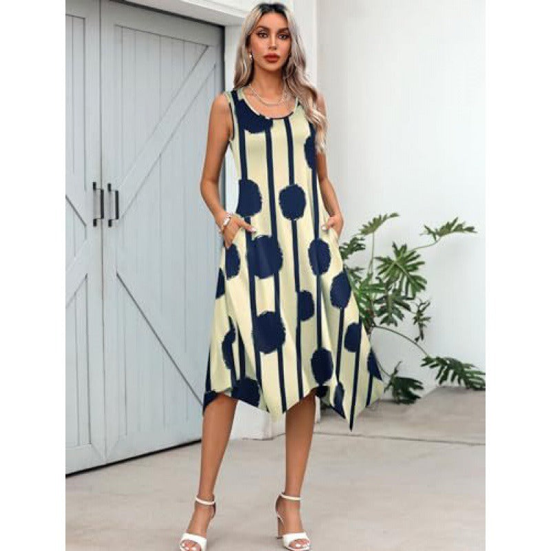 Damen Midikleid – Baumwollmischung – Ärmellos – A-Linie – Asymmetrischer Saum – Abstraktes Muster