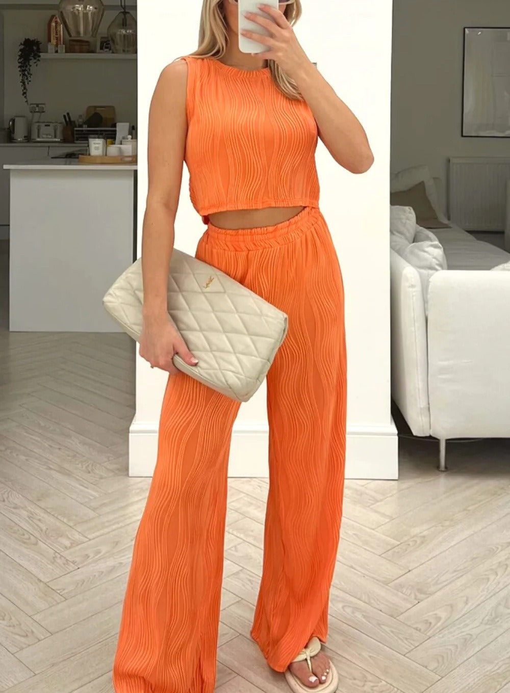 Damen Zweiteiler Set – Geripptes Crop Top ärmellos – Weite High-Waist Hose