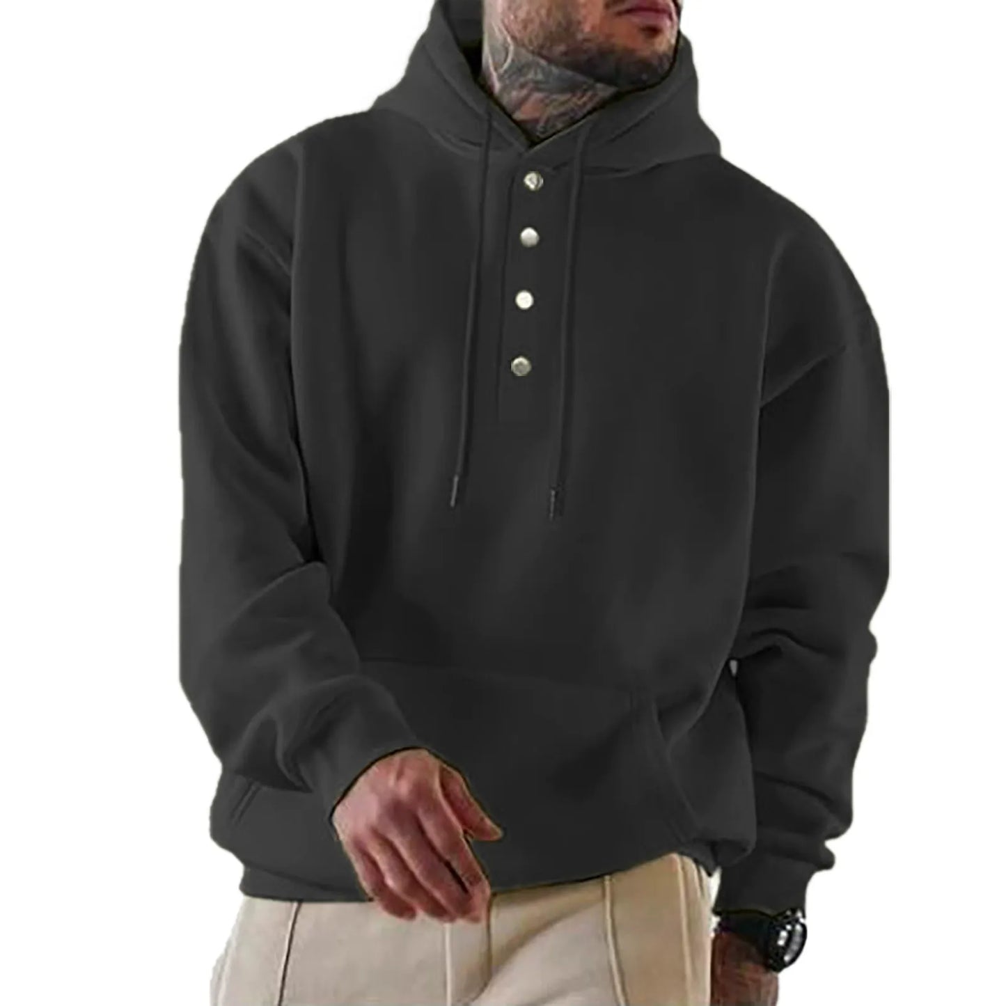 Herren Kapuzenpullover – Lockerer Schnitt – Fleece – Druckknopfverschluss – Alltag