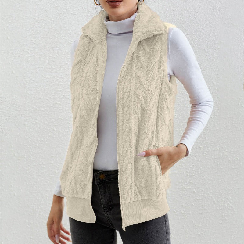 Damen Weste ärmellos – Jacquard Fleece – Reißverschluss – Hoher Kragen – Lockerer Schnitt