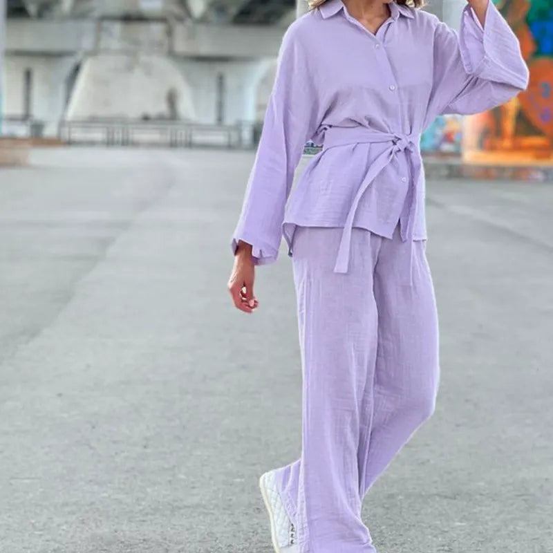 Damen Lounge Set – Atmungsaktive Gauze – Oversize Passform – Weite Hose – Langarm Hemd