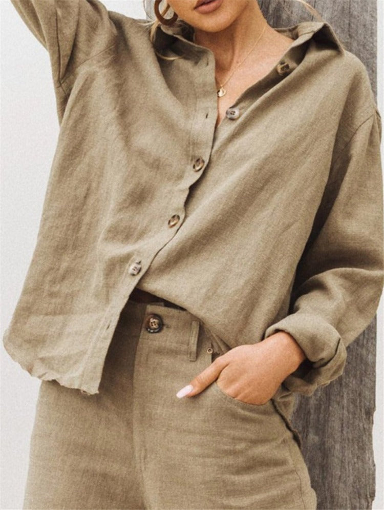 Damen Bluse – Lockerer Schnitt – Leichtes Cotton-Linnen – Langarm – Knopfleiste