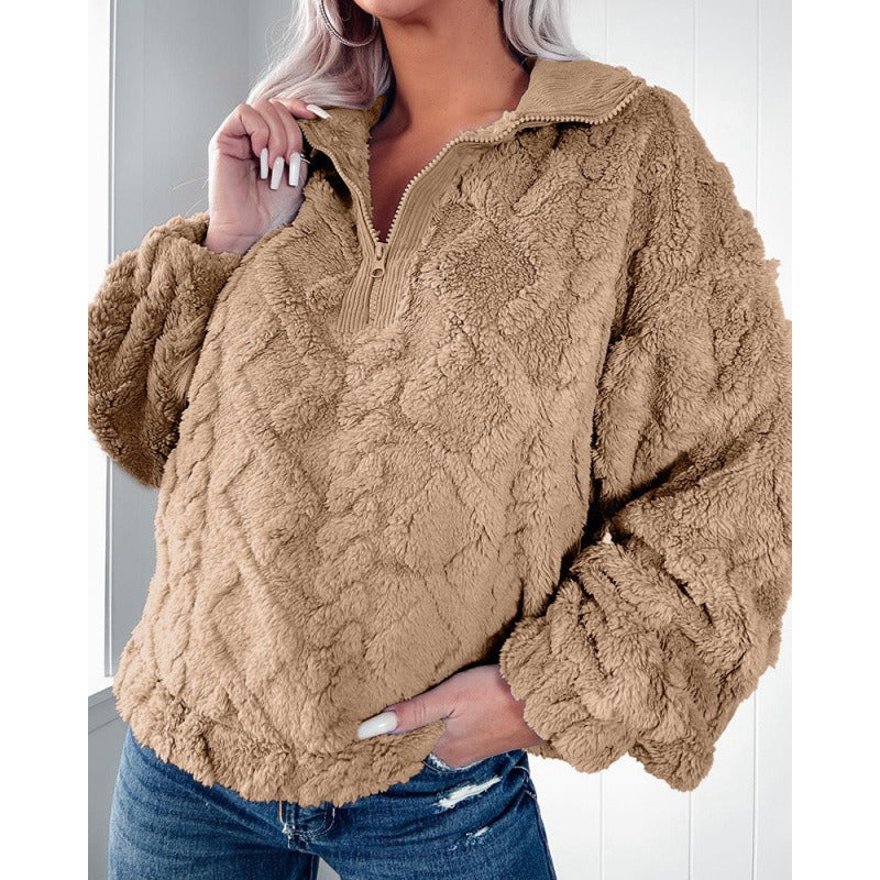 Damen Pullover Sweatshirt – Fleece – Oversize Passform – Half Zip Stehkragen