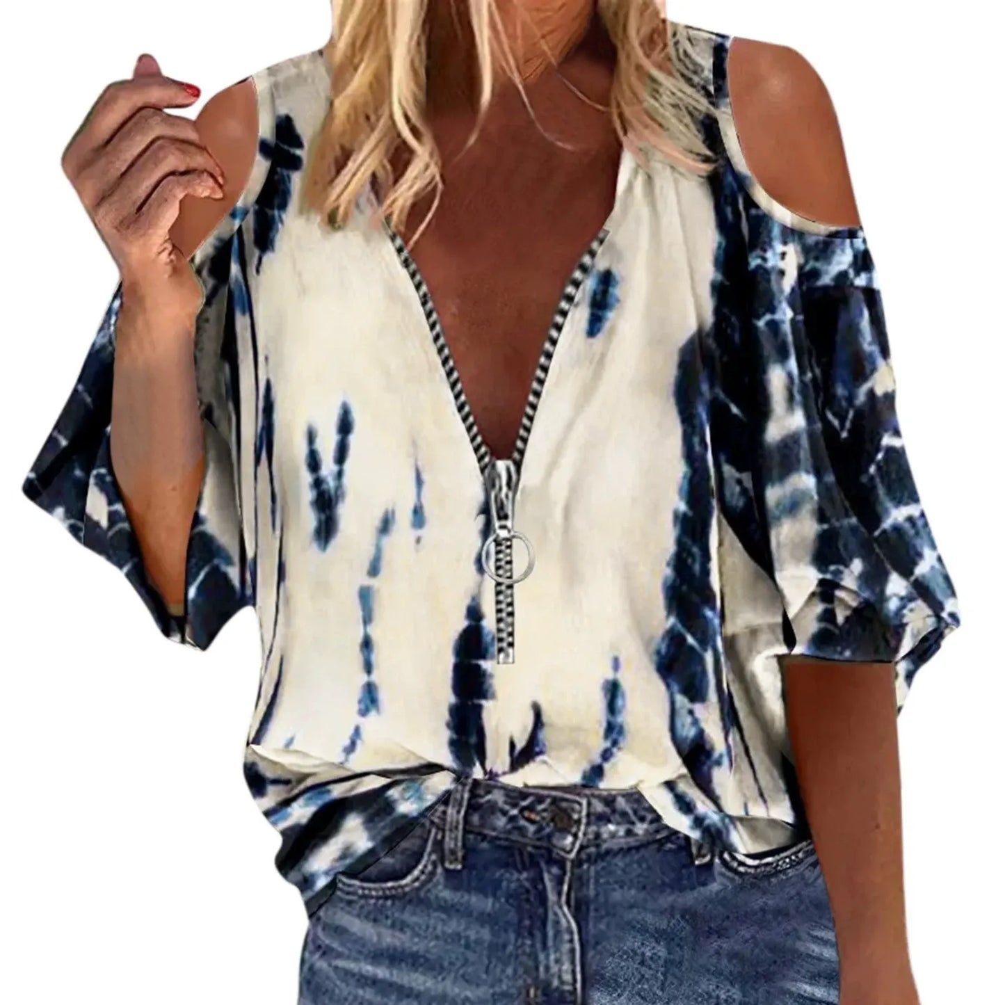 Damen Bluse – Off-Shoulder – Lockerer Schnitt – Zipper vorne – Künstlerischer Print