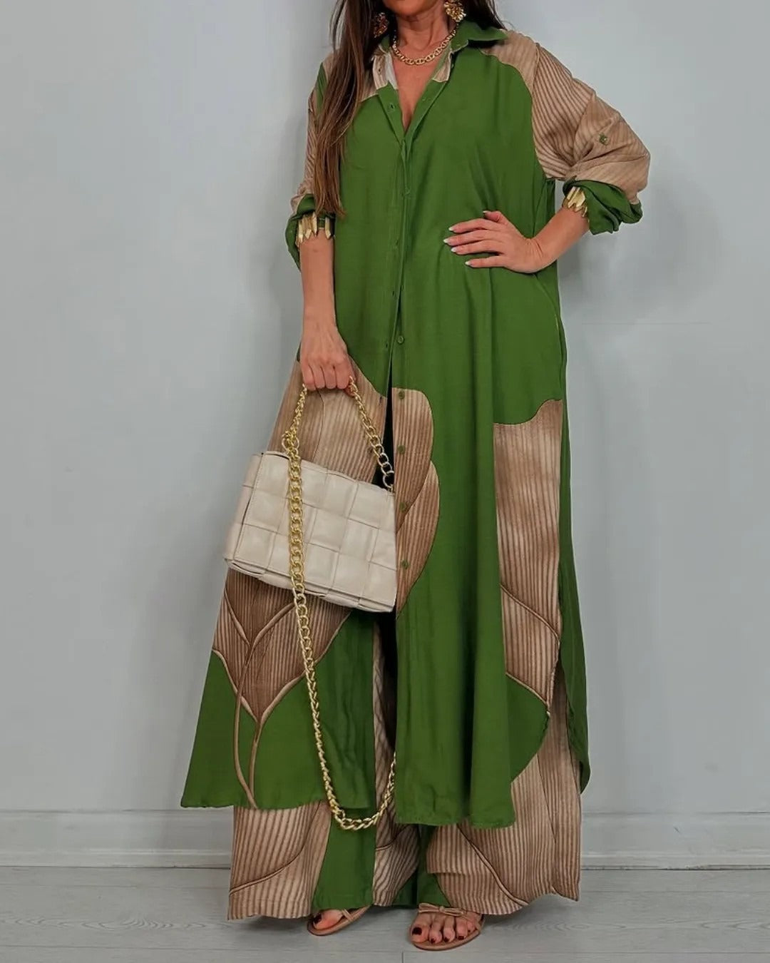 Damen Zweiteiler Set – Lockere Tunika mit Knopfleiste – Weite Hose – Atmungsaktiv