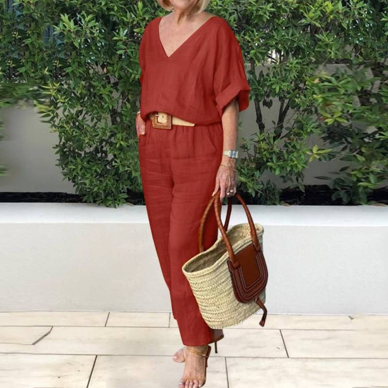 Damen Lounge Set – V-Ausschnitt Top und Tapered Hose – Linnen – Lockere Passform