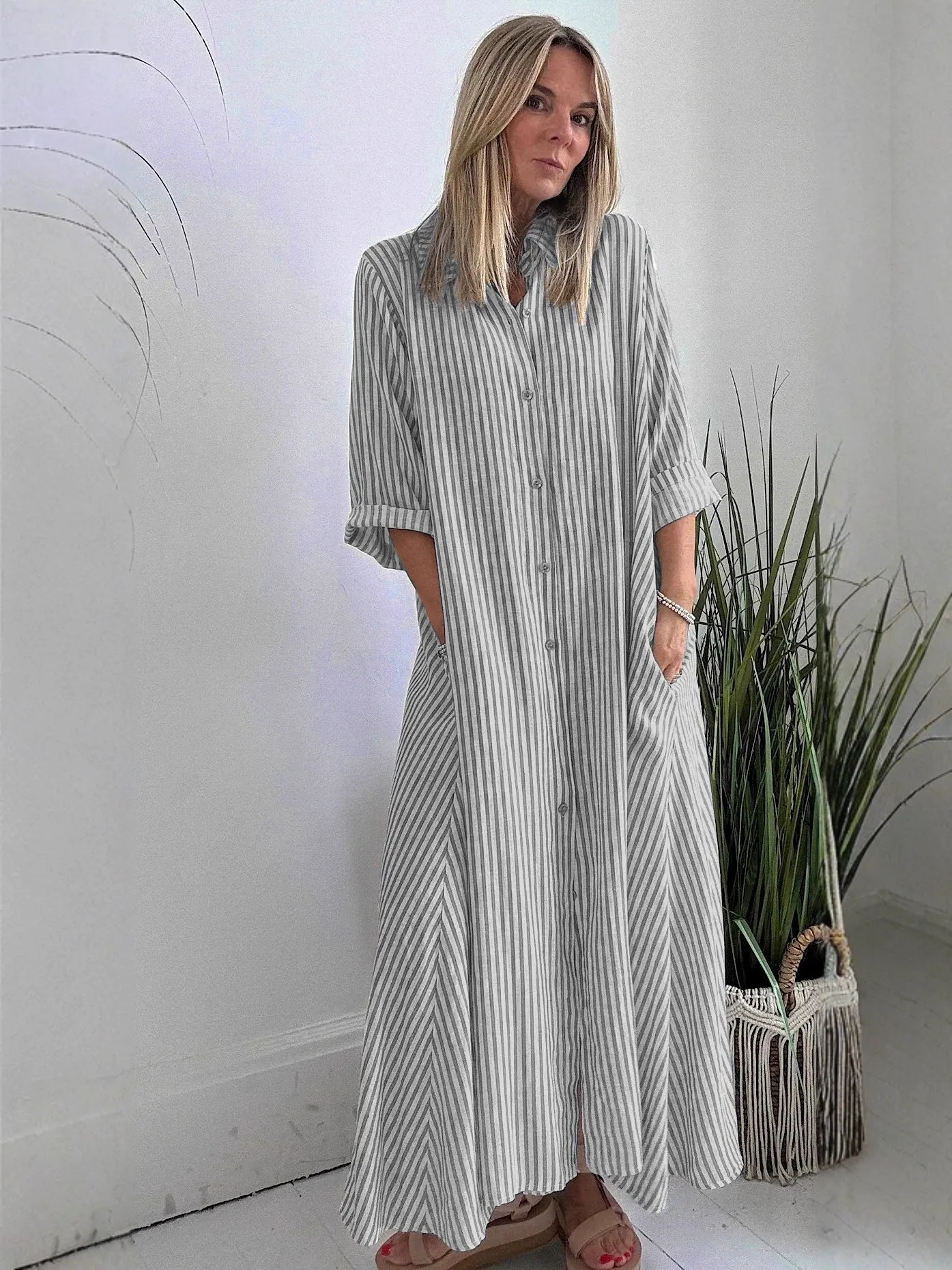 Damen Maxikleid – Lockere Passform – Streifenmuster – Knopfleiste – Baumwollmix