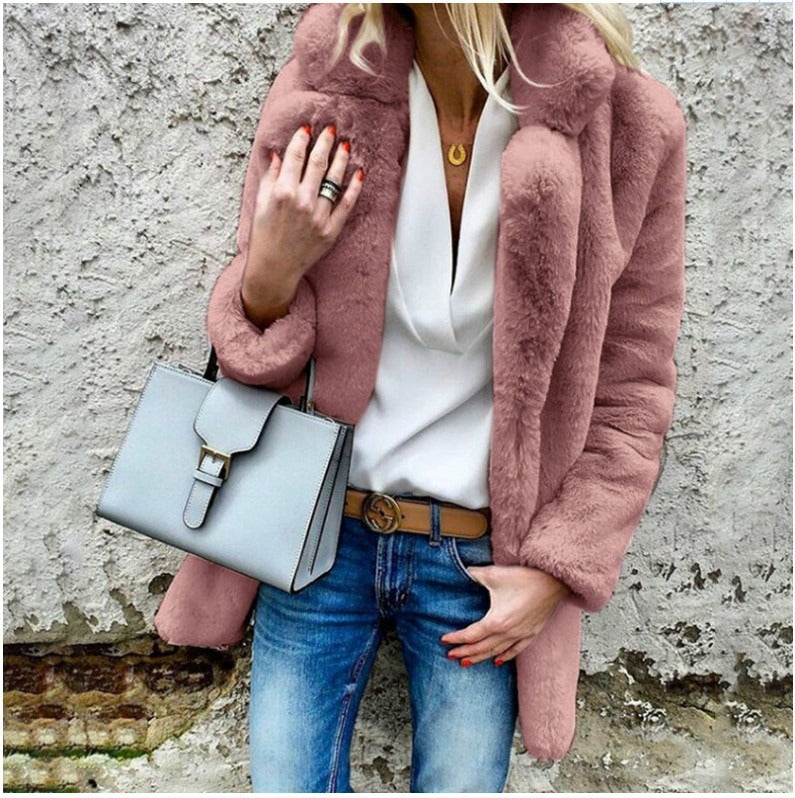 Damen Mantel – Kunstfell – Oversized Schnitt – Umlegekragen – Lang geschnitten