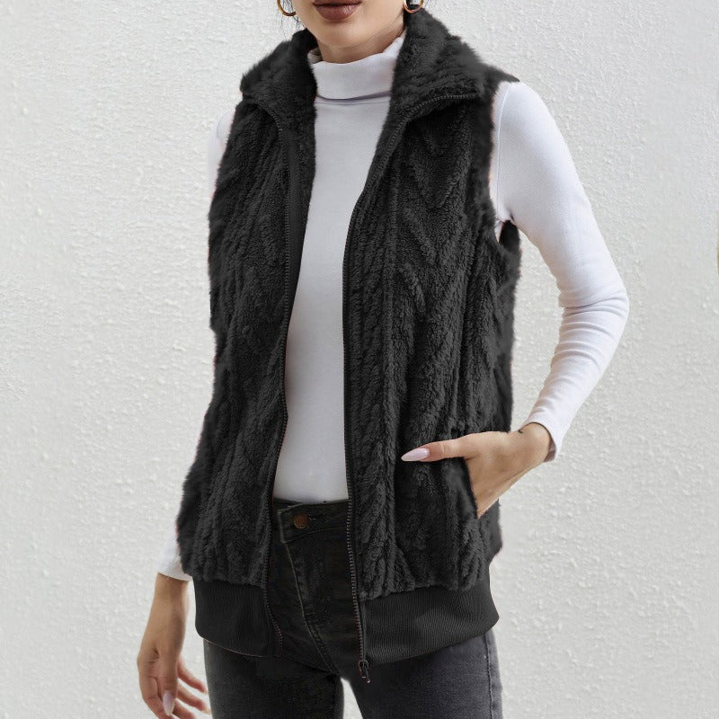 Damen Weste ärmellos – Jacquard Fleece – Reißverschluss – Hoher Kragen – Lockerer Schnitt