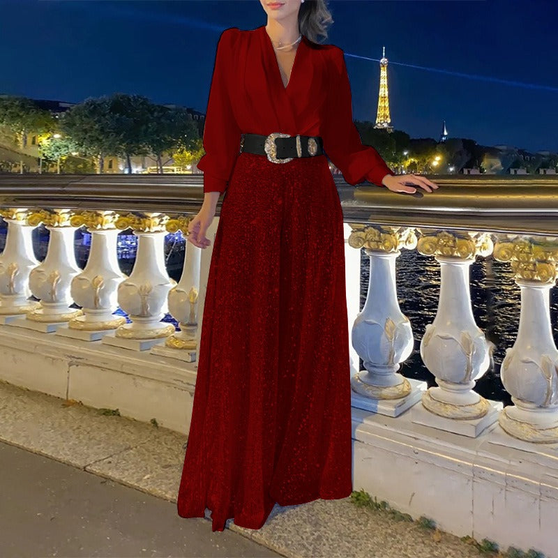 Damen Abendkleid – Taillierte Passform – V-Ausschnitt – Glänzender Maxirock