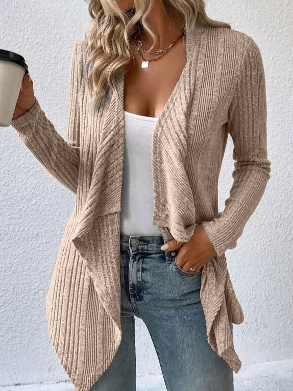 Damen Strickmantel – Wollmix – Lockerer Schnitt – Gerippt – Offene Front Drapiert