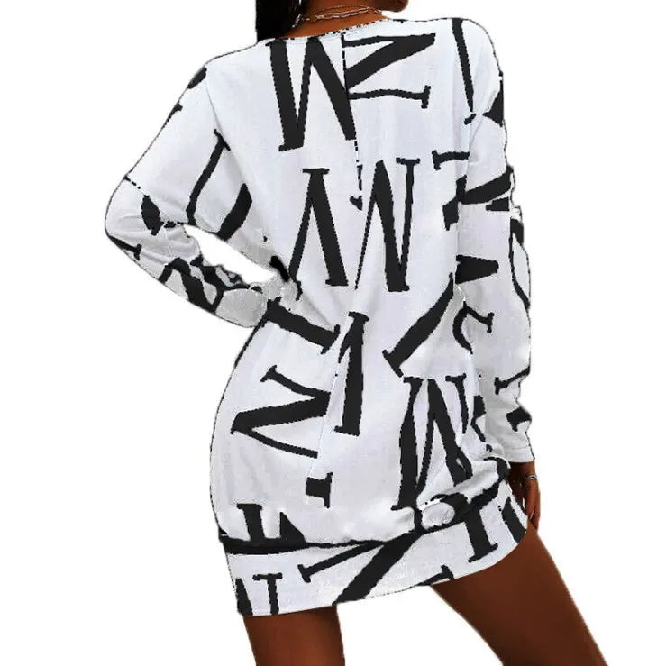 Damen Freizeitkleid – Relaxed Fit – Baumwollmix – Langarm – Mini – Letterprint