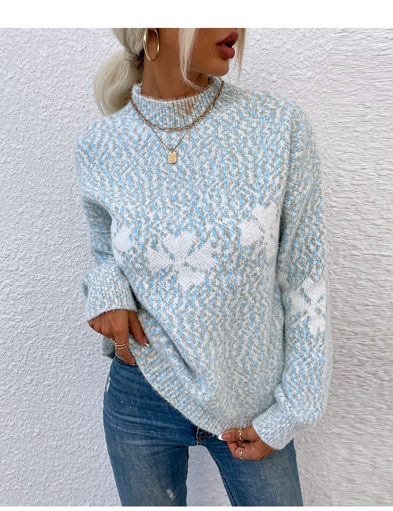 Damen Pullover – Wollstrick – Lockerer Schnitt – Stehkragen – Langarm mit Muster