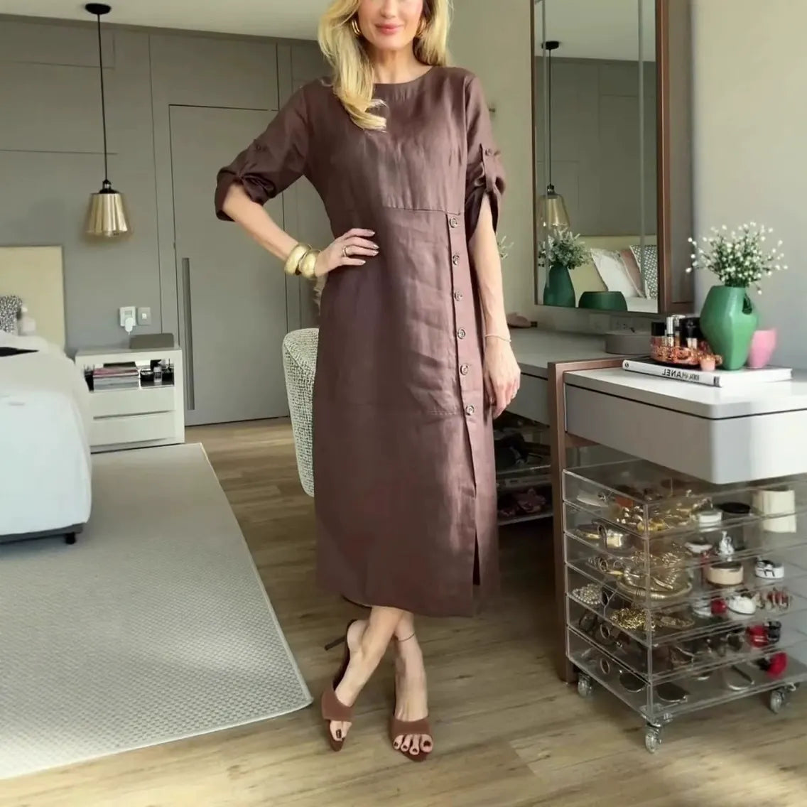 Damen Midikleid – Baumwoll Leinen – Lockerer Schnitt – Kurzarm – Knopfdetail