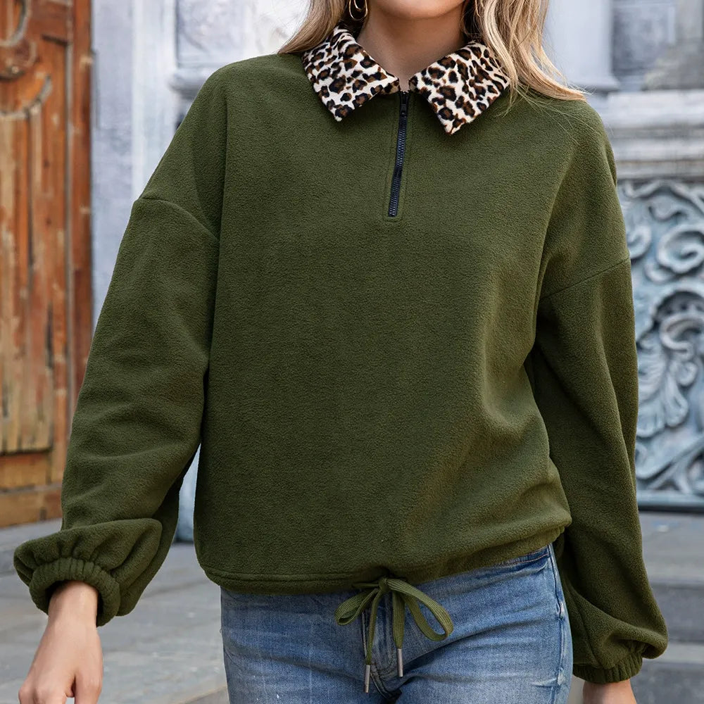 Damen Pullover Sweatshirt – Fleece – Relaxed Fit – Kunstpelzkragen – Reißverschluss