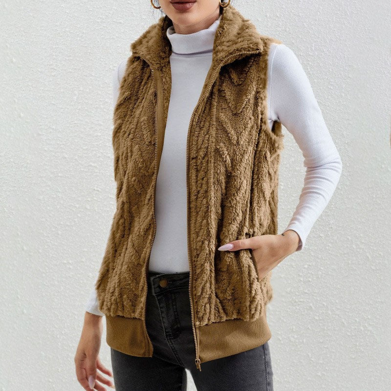 Damen Weste ärmellos – Jacquard Fleece – Reißverschluss – Hoher Kragen – Lockerer Schnitt