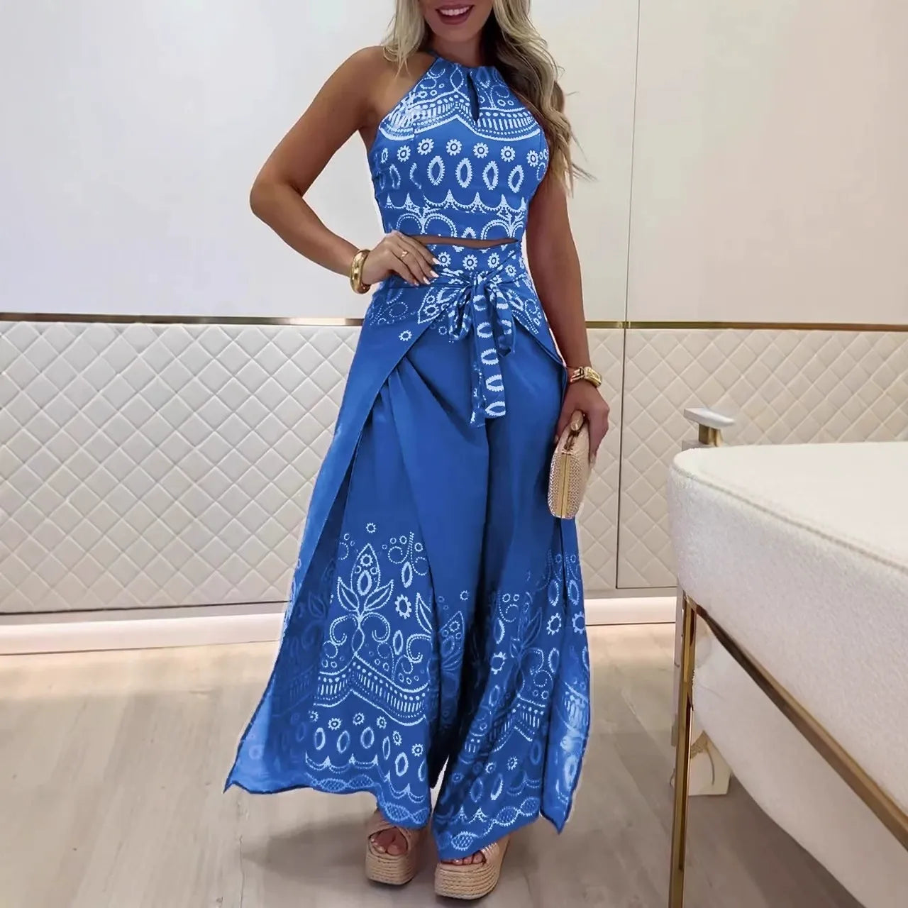 Damen Zweiteiler Set – Haltertop und Weite Hose – Retro Muster – Baumwolle – Taillengürtel
