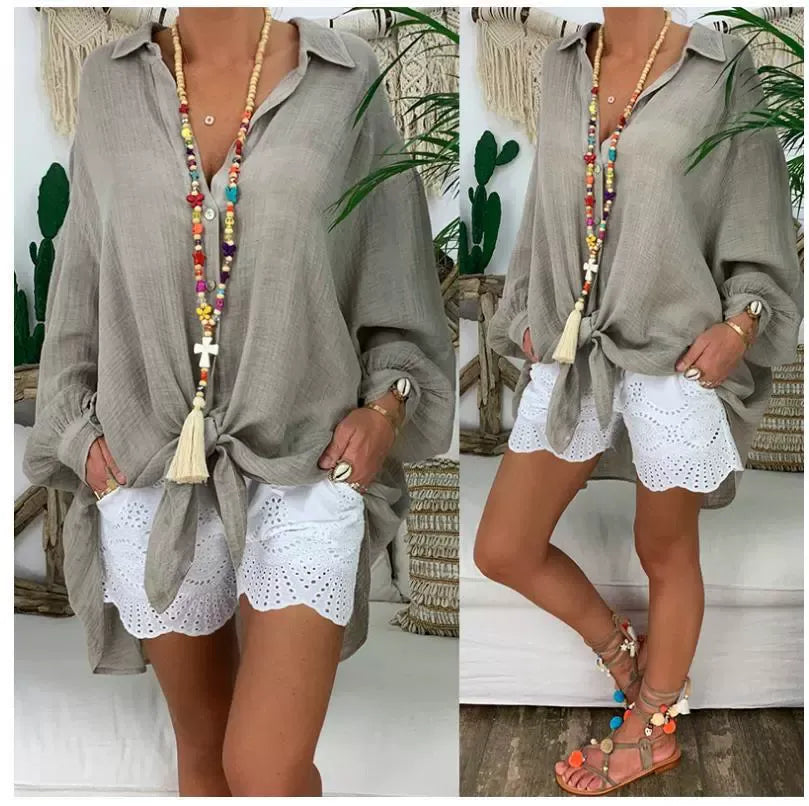 Damen Bluse – Oversized Fit – Langarm – Knopfleiste – Baumwolle-Leinen – Locker Casual