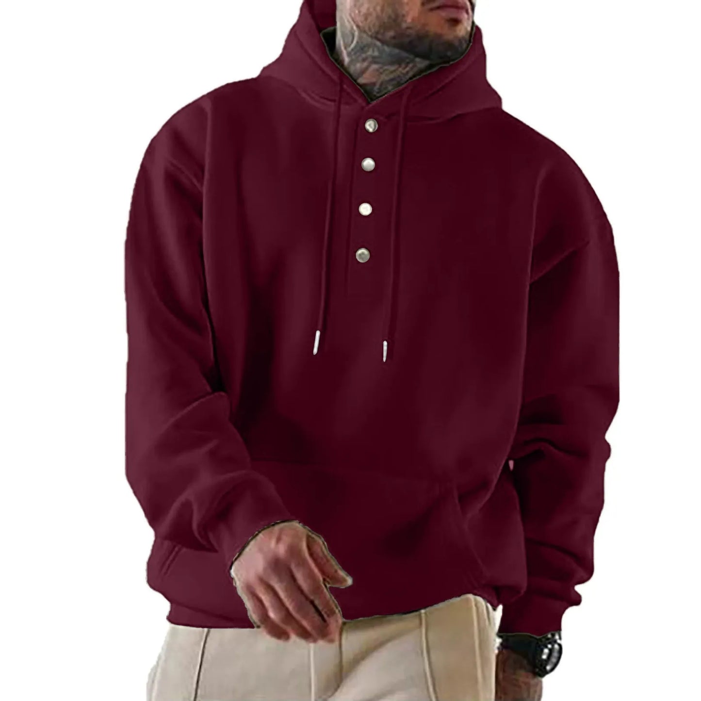 Herren Kapuzenpullover – Lockerer Schnitt – Fleece – Druckknopfverschluss – Alltag