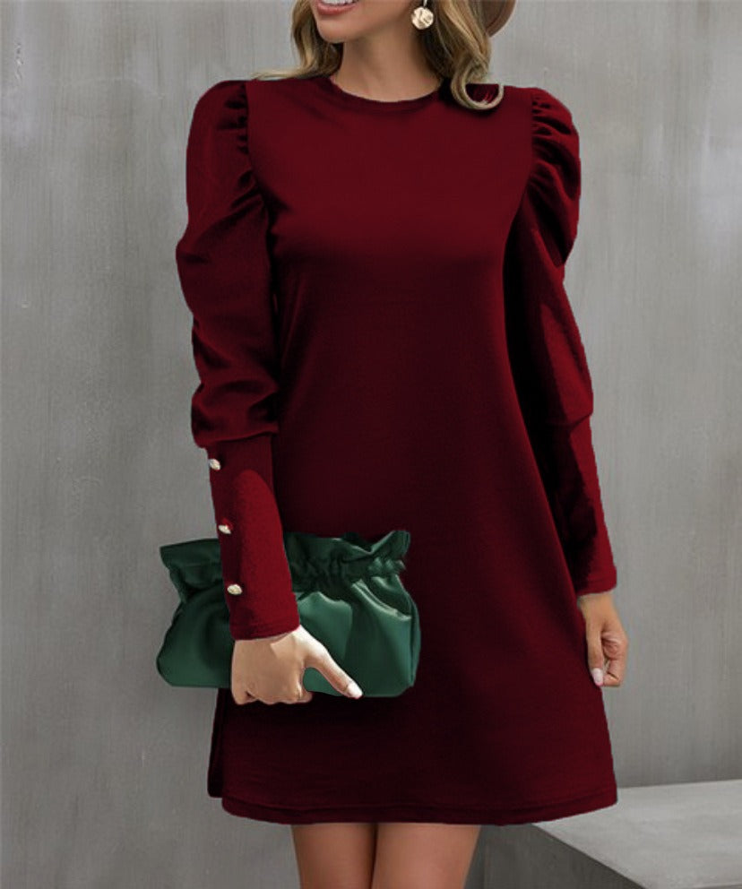 Damen Minikleid – Relaxed Fit – Puffärmel – Knopfmanschetten – Rundhals