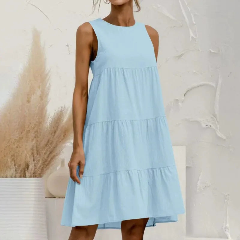 Damen Midikleid – Ärmellos – Lockerer Schnitt – Stufenrock – Baumwoll-Leinen Mix