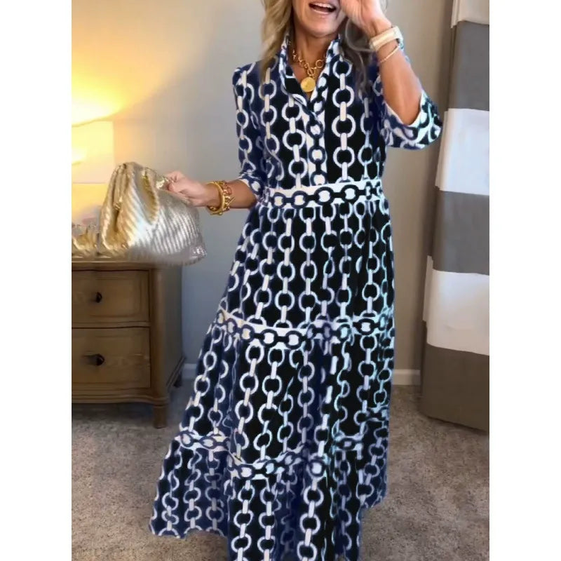Damen Maxikleid – A-Linienform – V-Ausschnitt – Geometrisches Muster – Stufen – 3/4-Ärmel