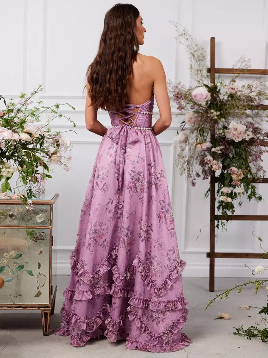 Damen Maxikleid – A-Linienform – Halterneck mit Perlen – Florales Design – Luxusstoff