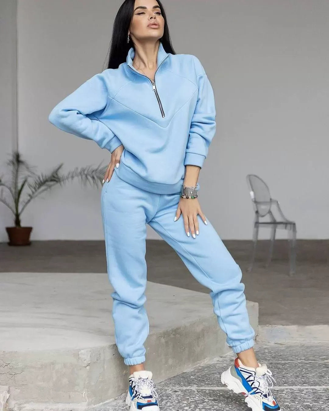 Damen Loungewear Set – Fleecepullover mit Halbreißverschluss – Jogginghose – Lockerer Schnitt