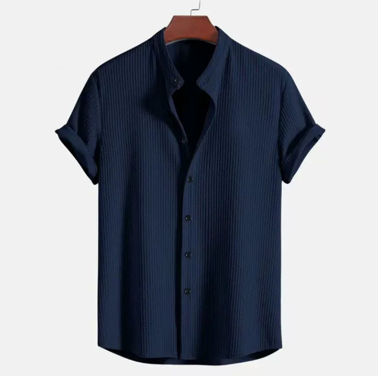 Herren Kurzarmhemd – Baumwolle Jacquard – Regular Fit – Stehkragen – Knopfleiste