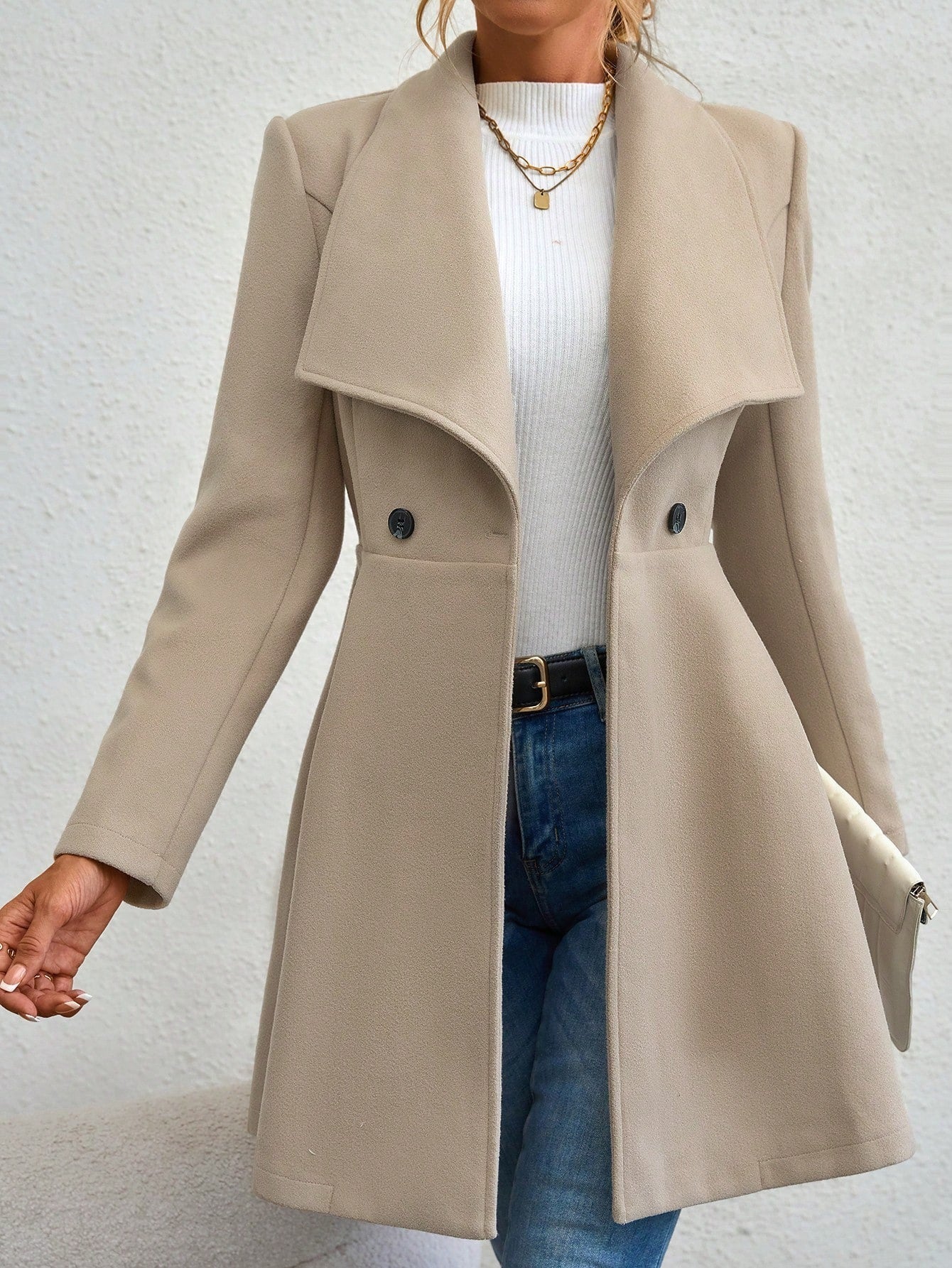 Damen Wollmantel – Slim Fit – Lang – Zweireiher – Eleganter Blazerstil