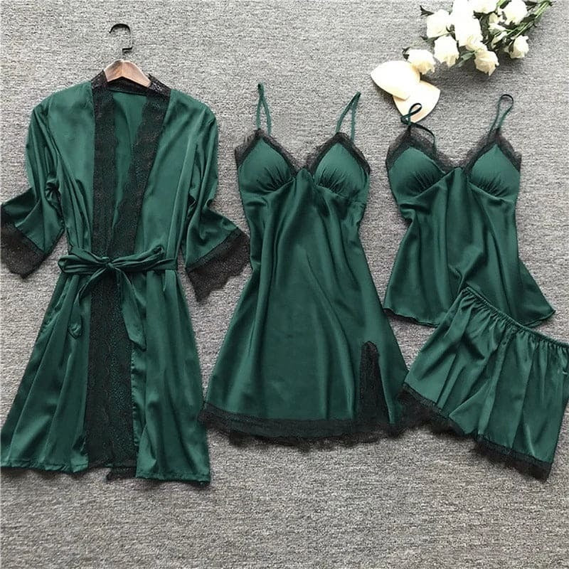Damen Nachtwäsche Set – Satin Look – Spitze – Lockerer Schnitt – 4-teiliges Ensemble