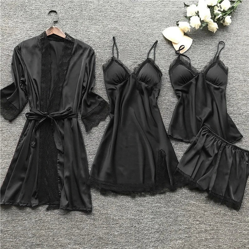 Damen Nachtwäsche Set – Satin Look – Spitze – Lockerer Schnitt – 4-teiliges Ensemble