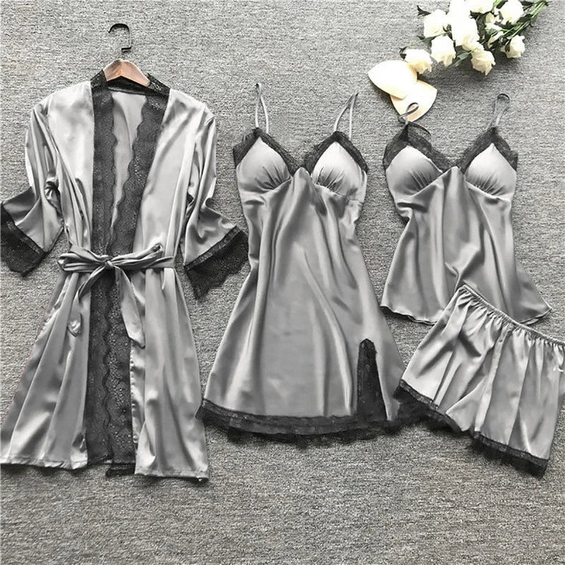 Damen Nachtwäsche Set – Satin Look – Spitze – Lockerer Schnitt – 4-teiliges Ensemble