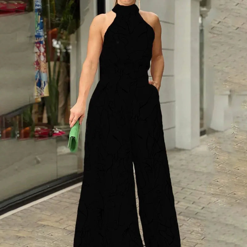 Damen Jumpsuit – Halterneck – Abstraktes Muster – Weit Bein – Lockere Passform