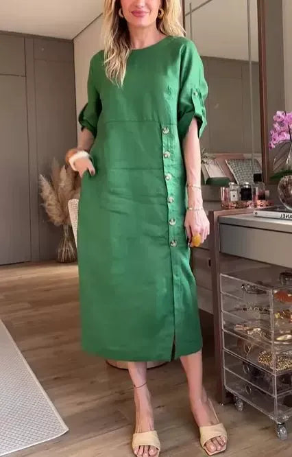 Damen Midikleid – Baumwoll Leinen – Lockerer Schnitt – Kurzarm – Knopfdetail