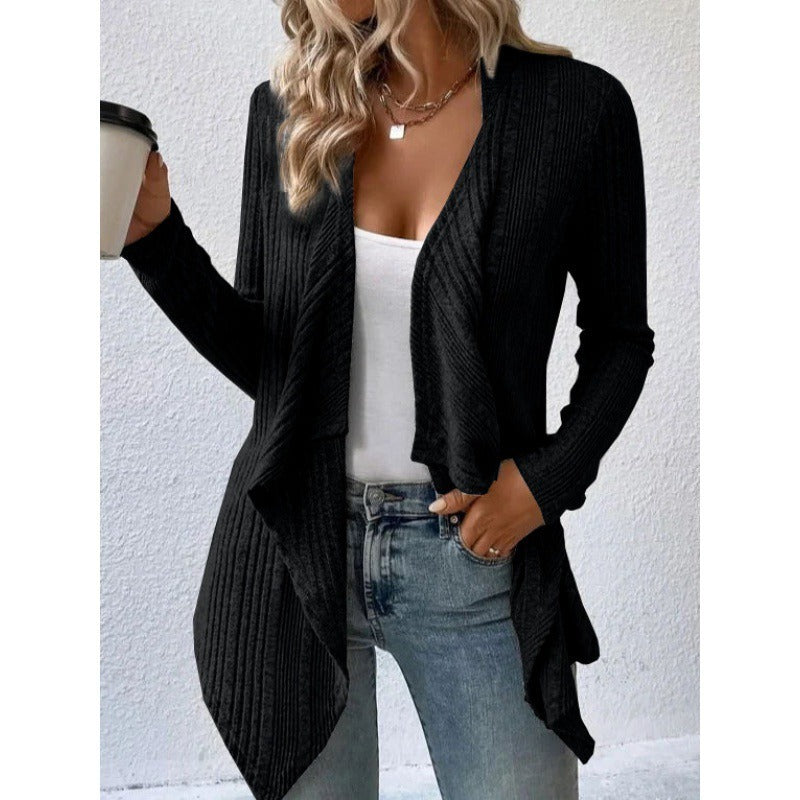 Damen Strickmantel – Wollmix – Lockerer Schnitt – Gerippt – Offene Front Drapiert