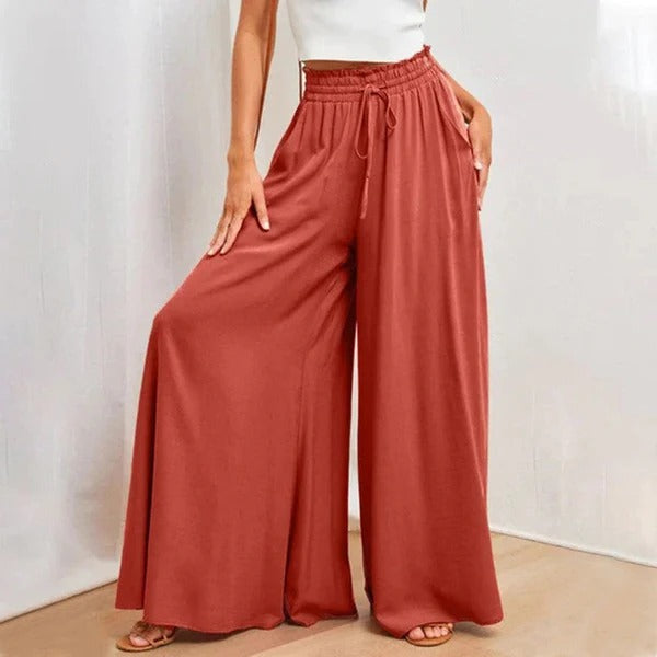 Damen Weite Hose – Hoher Bund – Baumwolle – Fließend Weit – Kordelzug Taille
