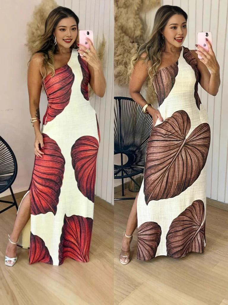 Damen Maxikleid – Slim Fit – Leaf Print – Ärmellos – Hoher Ausschnitt – Schlitz