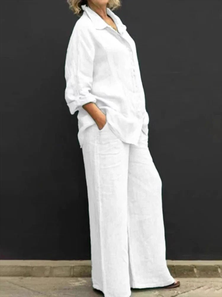 Damen Zweiteiler – Leinen – Lockerer Schnitt – Hemdbluse – Weite Hose – Freizeitlook