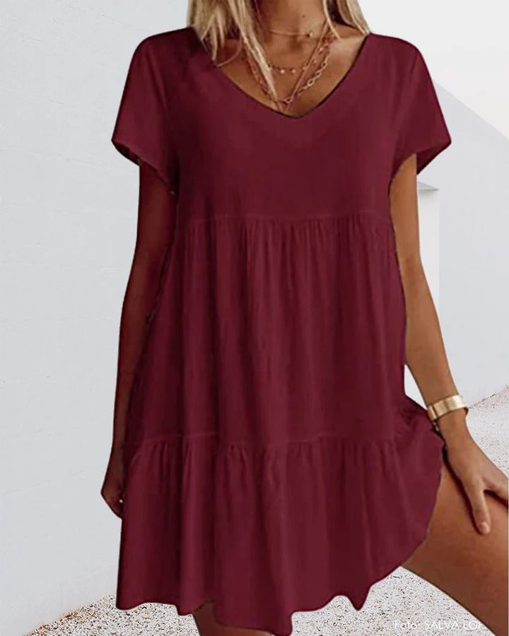 Damen A-Linienkleid – Atmungsaktives Material – Lockerer Schnitt – V-Ausschnitt – Stufendesign