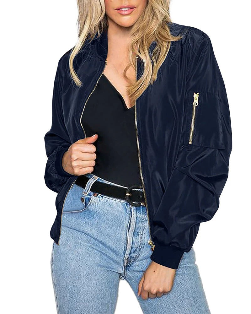 Damen Bomberjacke – Lockerer Schnitt – Geripptes Bündchen – Leichtes Material – Kurz