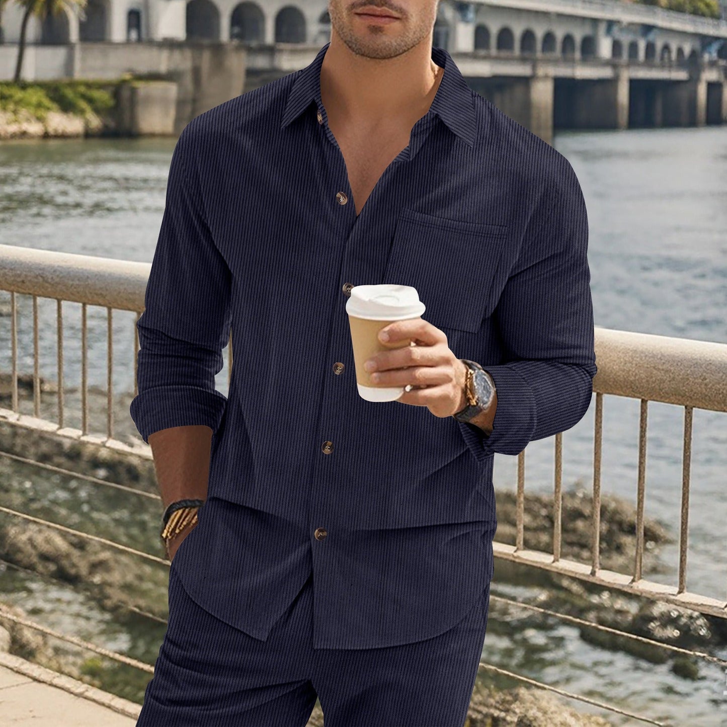 Herren Langarmhemd – Slim Fit – Baumwollgefühl – Gestreift – Knopfleiste