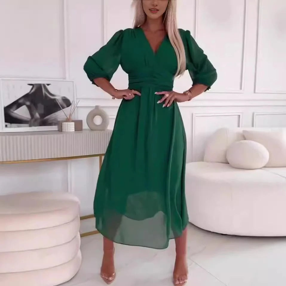 Damen Maxikleid – V-Ausschnitt – Lange Ärmel – Fließender Schnitt – Luxusstoff