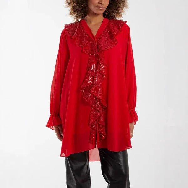 Damen Bluse – Sheer Stoff – Lockerer Schnitt – Langarm – Rüschen mit Glitzer