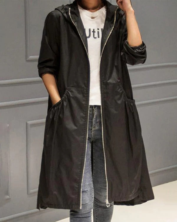 Damen Trenchcoat – Wasserdicht – Lockere Passform – Mit Kapuze und Reißverschluss