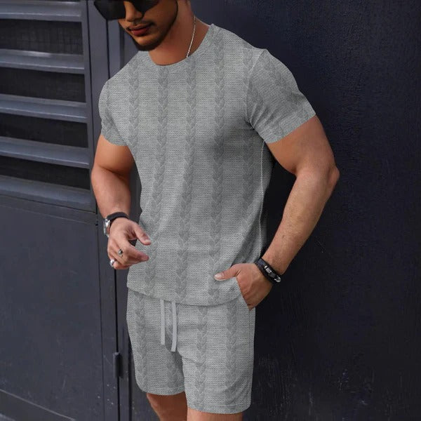 Herren T-Shirt und Shorts Set – Strukturstrick – Regular Fit – Rundhals – Kordelzug