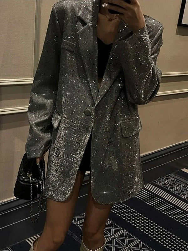 Damen Blazer – Oversized Passform – Glitzerndes Gewebe – Einreiher – Langform